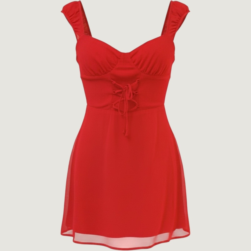 Reformation Red Lace Up Sweetheart Mini Dress Size 2 Smocked Back Cap Sleeve